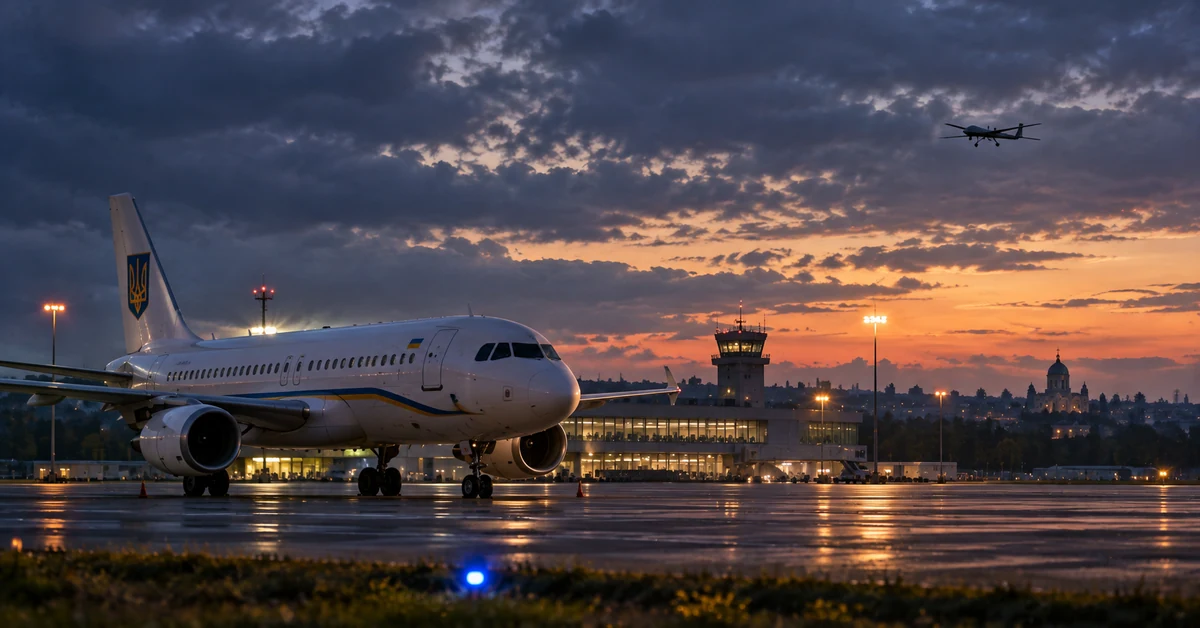 A Ukrainian government-style aircraft at a Moldovan airport at dusk with an unidentified drone visible in the distance.