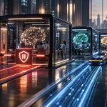 Illustration of competing AI laboratories, with one system paused for safety checks while others continue development.