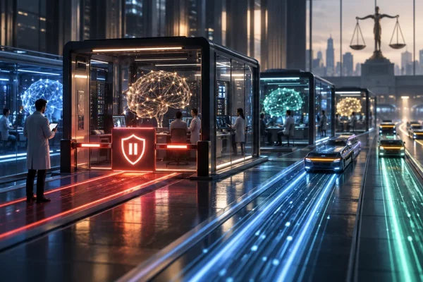 Illustration of competing AI laboratories, with one system paused for safety checks while others continue development.