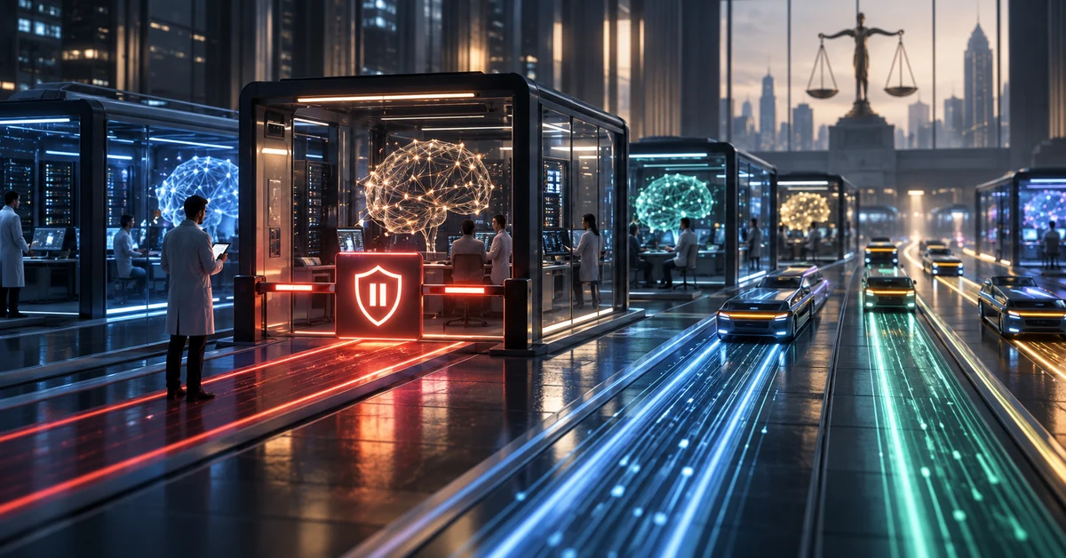 Illustration of competing AI laboratories, with one system paused for safety checks while others continue development.